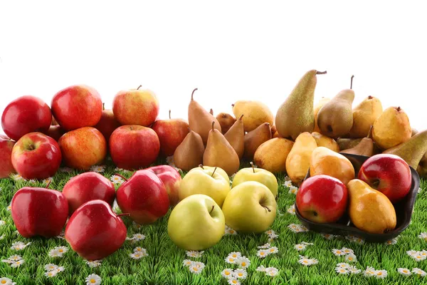 Zářivě barevné jablka a hrušky na trávě — Stock fotografie