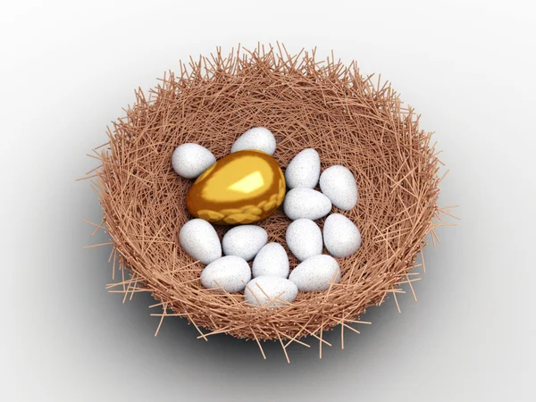 Unique gold egg among ordinary eggs in the nest of bird — Stock Photo, Image
