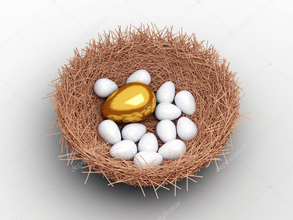 Unique gold egg among ordinary eggs in the nest of bird