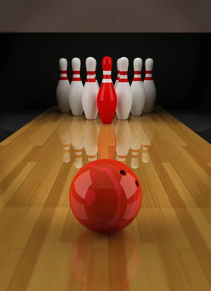 Bowling s červeným Kuželková — Stock fotografie