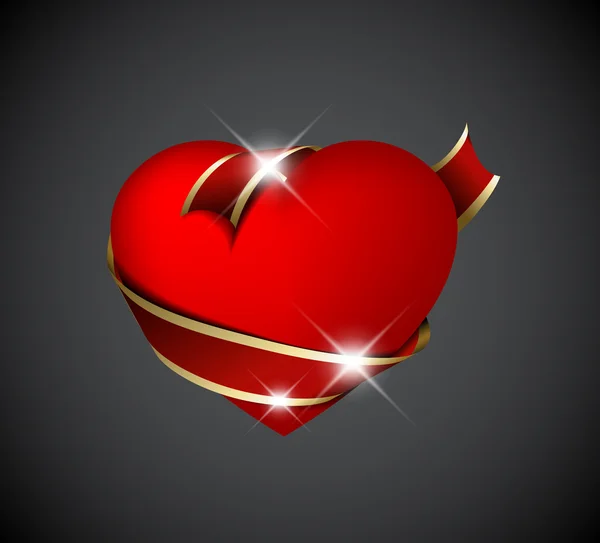 Coração vermelho com fita vermelha — Vetor de Stock