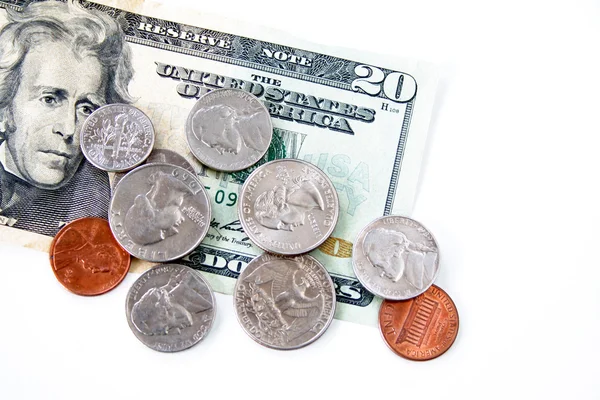 Twenty Dollars and Loose Change — Stock Photo, Image