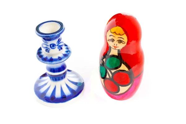 Matreshka and gzhel - the traditional russian souvenir — Stock Photo, Image