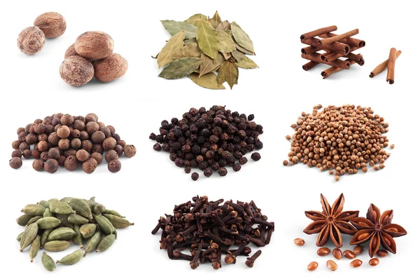 Cardamon, anise, pepper, cinnamon, nutmeg, bay, cloves — Stock Photo ...