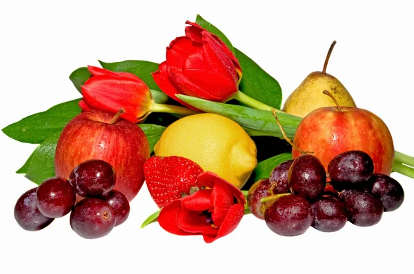 Gyümölcsök, bogyós gyümölcsök és virágok — Stock Fotó