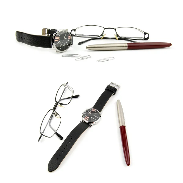 Vidros, canetas, relógios e clipes de papel . — Fotografia de Stock