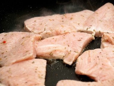 Raw turkey breast steaks seasoned with spices on a pan clipart