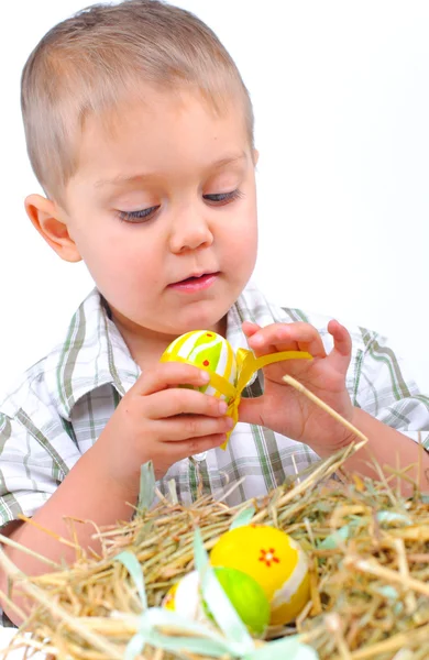 Sepet içinde yumurta olan küçük çocuk — Stok fotoğraf