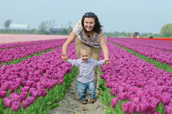 In Tulip Field. Mother with son in tulips field Stock Photo