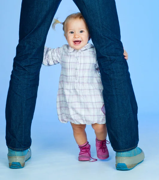 Cute baby Girl In Fashionable Outfit with parents — Stock Photo, Image