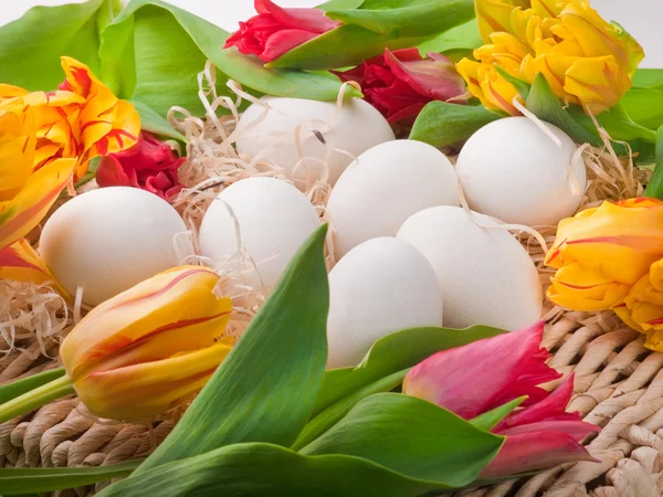 Ovos brancos e cesta de tulipas primavera na bandeja de palha — Fotografia de Stock