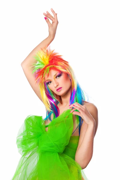 Beautiful girl with vibrant make-up wearing multicolored wig and creative d — Stock Photo, Image