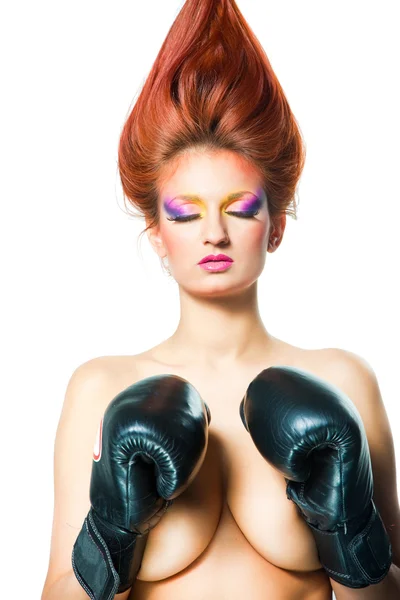 Beautiful nude girl with boxing gloves — Stock Photo, Image