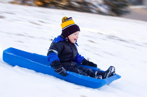 Little Boy's First Sled Ride — Stock Photo, Image