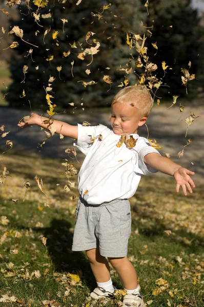 Маленький хлопчик кидає осіннє листя — стокове фото