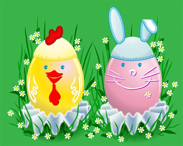 Смешные пасхальные яйца в виде кролика и курицы — стоковый вектор