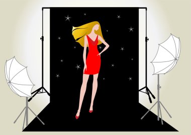 Vector illustration of a girl model in red on the photo shoot clipart