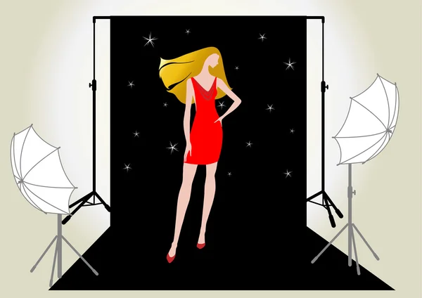 Vector illustration of a girl model in red on the photo shoot — Stock Vector