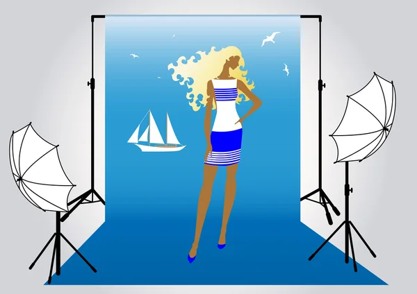 Vektör çizim fotoğraf çekimi deniz tarzda bir kız modeli — Stok Vektör