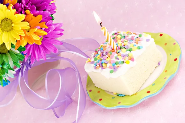 只有一支蜡烛的生日蛋糕 — 图库照片