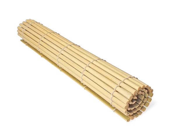 Bamboe mat gerold op witte achtergrond Stockfoto