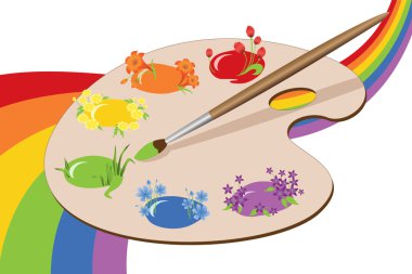 Paints of spring with rainbow. clipart