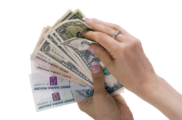 Papier pieniądze w ręce — Zdjęcie stockowe