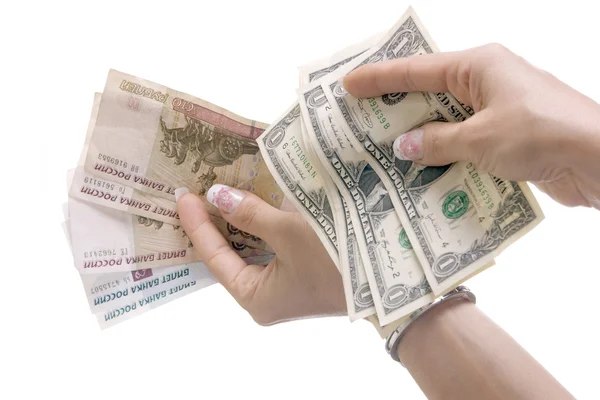 Papier pieniądze w ręce — Zdjęcie stockowe