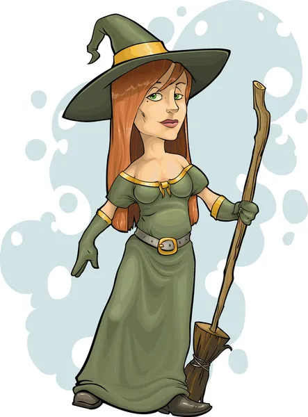 卡通用扫帚的女巫 — 图库矢量图片