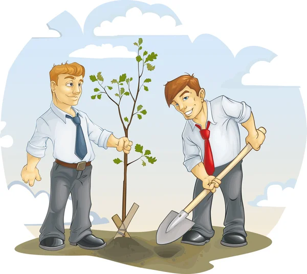 Двое мужчин посадили дуб — стоковый вектор