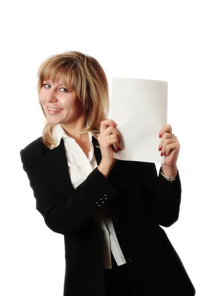 Standing woman holding brochure — Stock Photo, Image