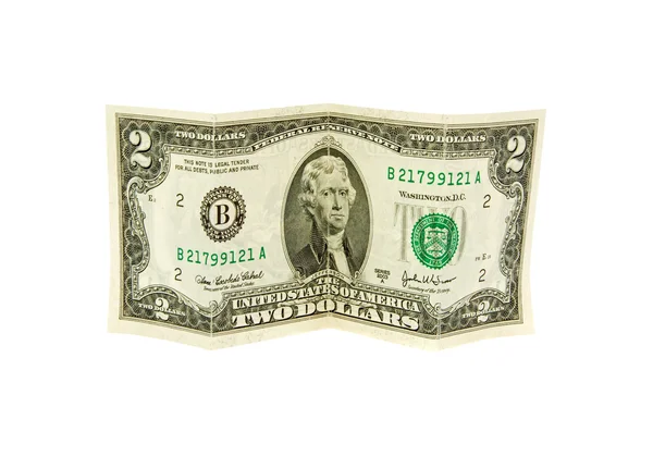 Dos dólares sobre un fondo blanco. — Foto de Stock
