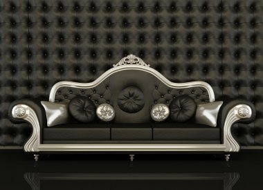 Classic leather sofa with a silver frame on black background clipart