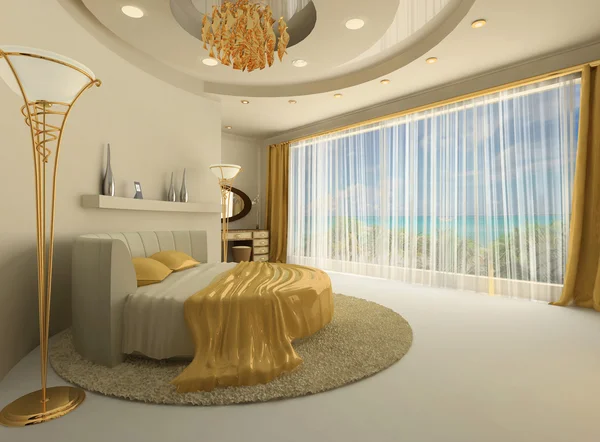 A cama redonda em um interior luxuoso com uma grande janela — Fotografia de Stock