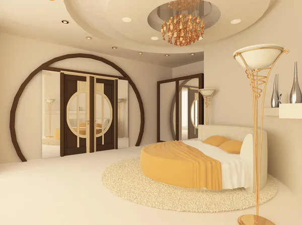 Kulatá postel v luxusním pokoji s zavěšené podhledy — Stock fotografie