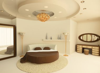 Round bed with a suspended ceiling in a luxurious bedroom clipart