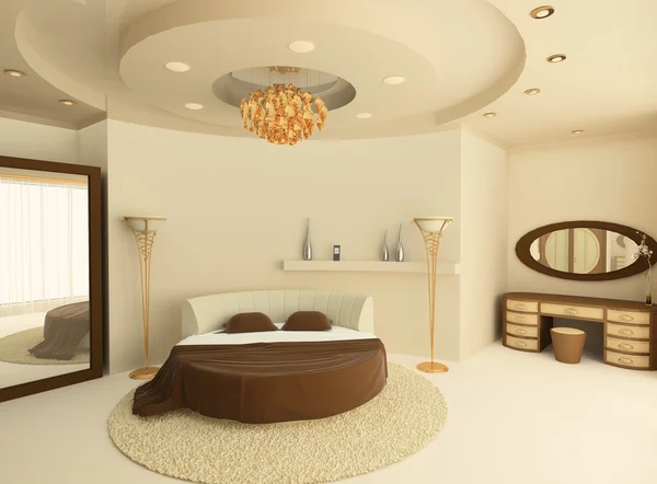 Cama redonda com teto suspenso em um quarto luxuoso — Fotografia de Stock