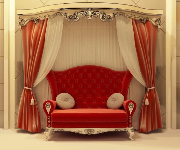 Cortina de terciopelo rojo y sofá real —  Fotos de Stock