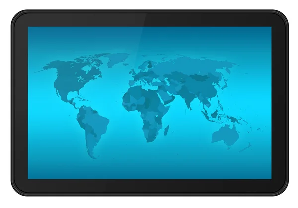 Tablet z ekranem dotykowym z xxl mapę świata — Zdjęcie stockowe
