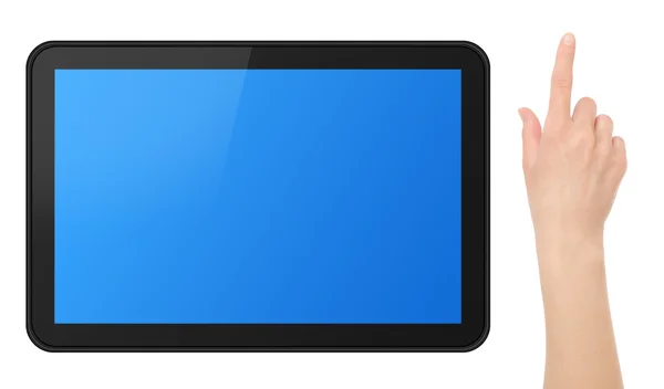 Interaktives Touchscreen-Tablet mit Hand — Stockfoto