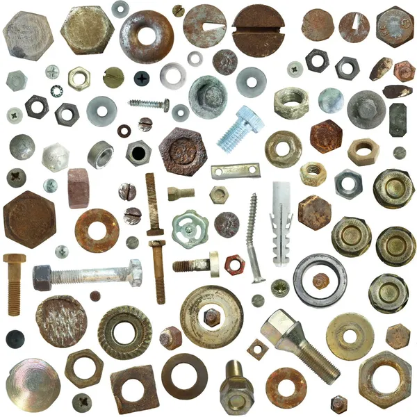 大集合旧生锈螺丝头、 螺栓、 钢螺母、 旧金属钉钉 — 图库照片