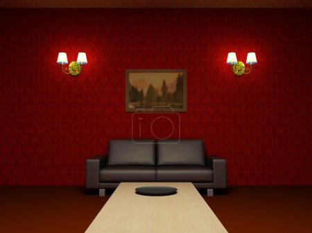 Intérieur rouge. Salon, canapé en cuir noir, table basse en bois, appliques sur les murs, papier peint rouge 