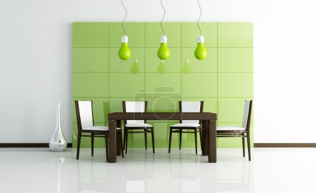 Salle à manger moderne verte avec table en bois 